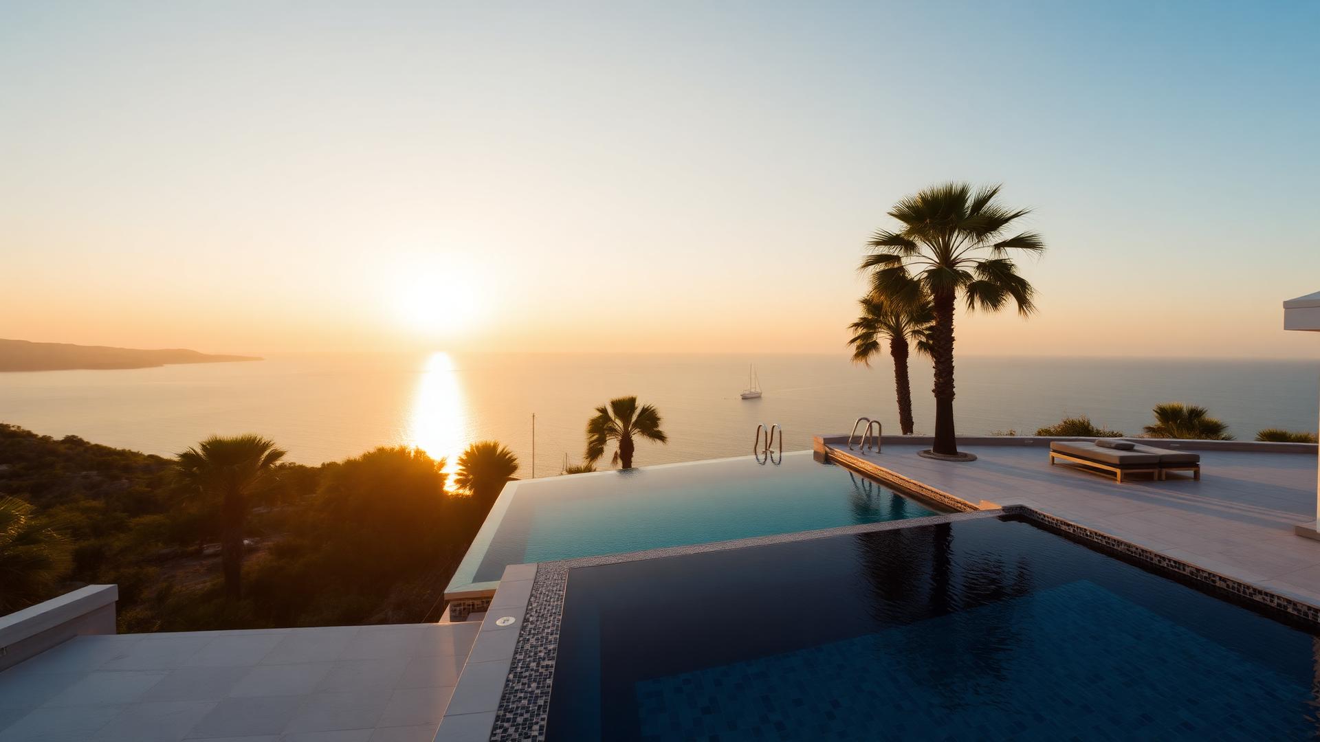 Luxury villa with infinity pool at sunset